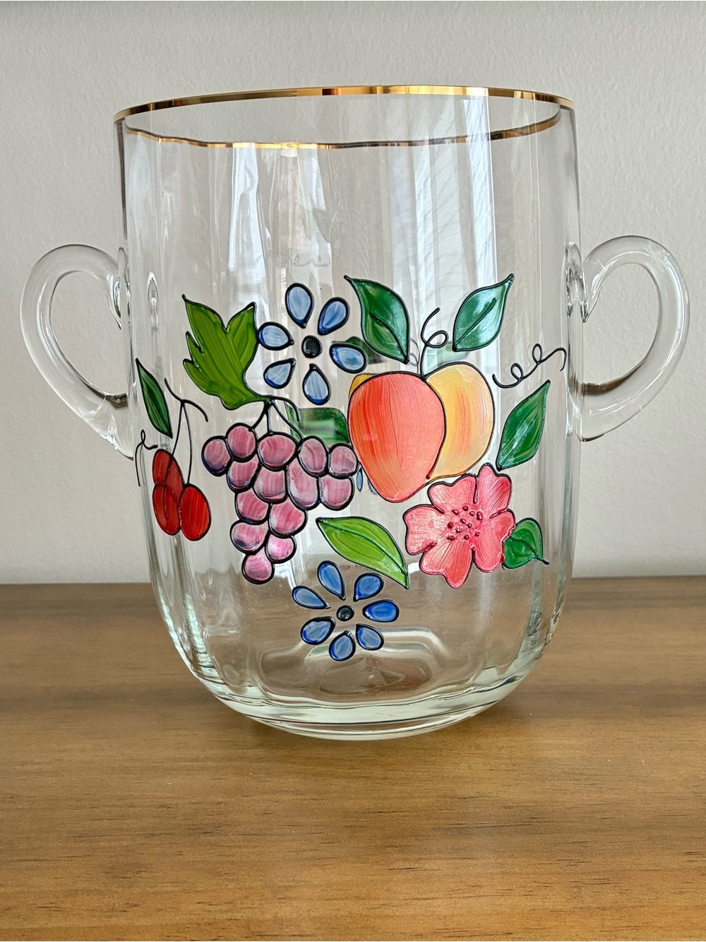 Hand-Painted Fruit & Floral Glass Ice Bucket with Gold Rim
